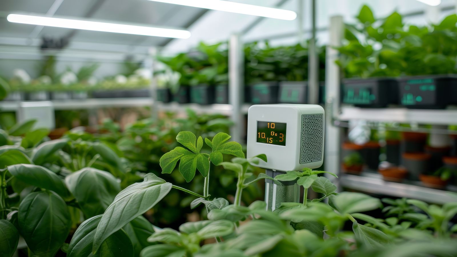 Greenhouse interior with digital climate sensors and a notebook of handwritten control system notes