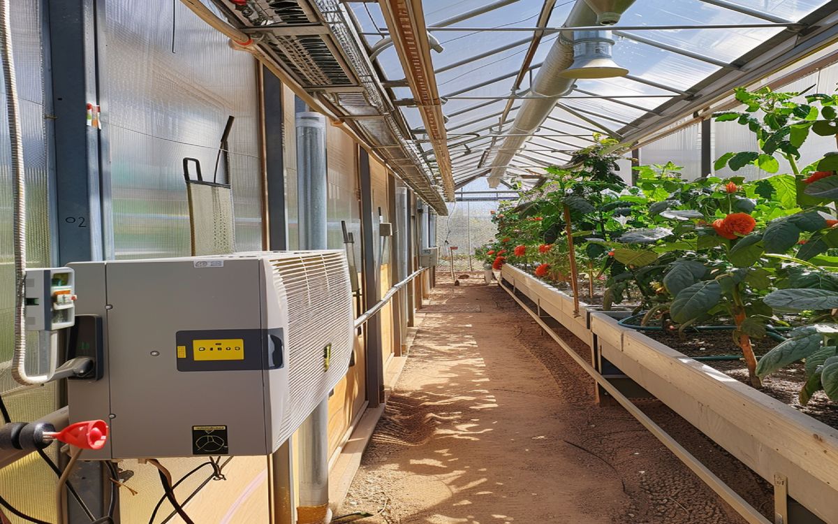 Interior of a well-maintained greenhouse with visible heating pipes and a digital climate controller mounted on a post
